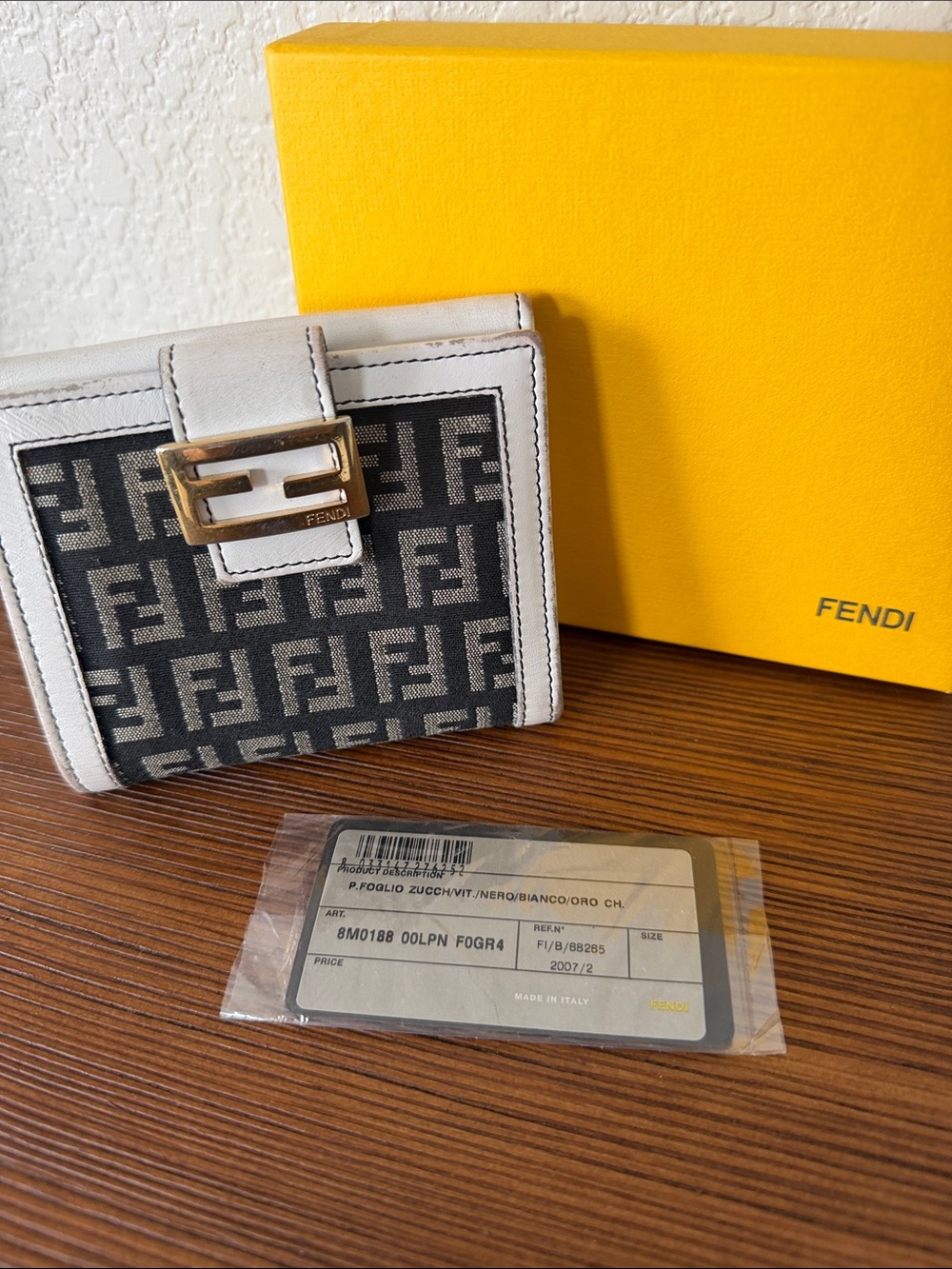 Fendi Black & White FF Logo Compact Bifold Wallet with Gold Buckle